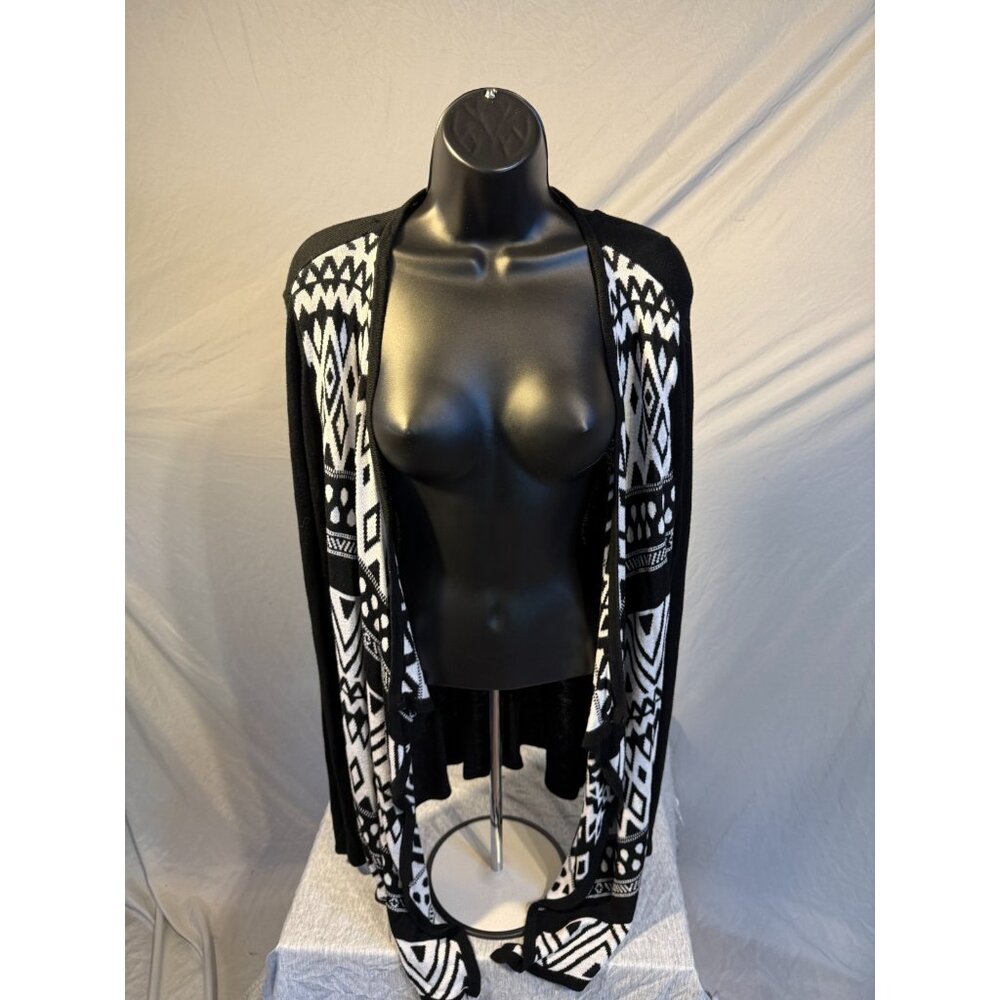 Drapey Women’s Black White Pattern Cardigan Sweater Open Front Large 12/14 FG